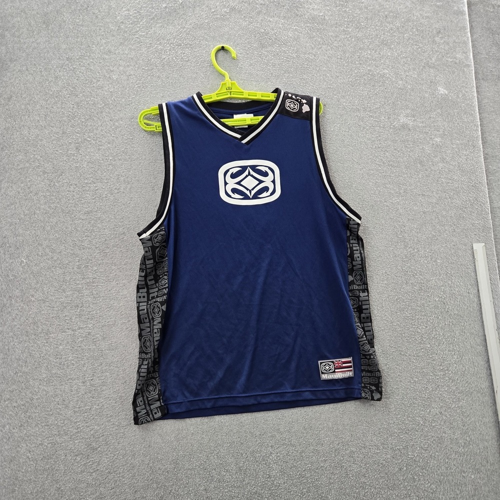 VINTAGE Maui Built Men Tank Top M Blue Graphic Tribal Logo Activewear Sleeveless